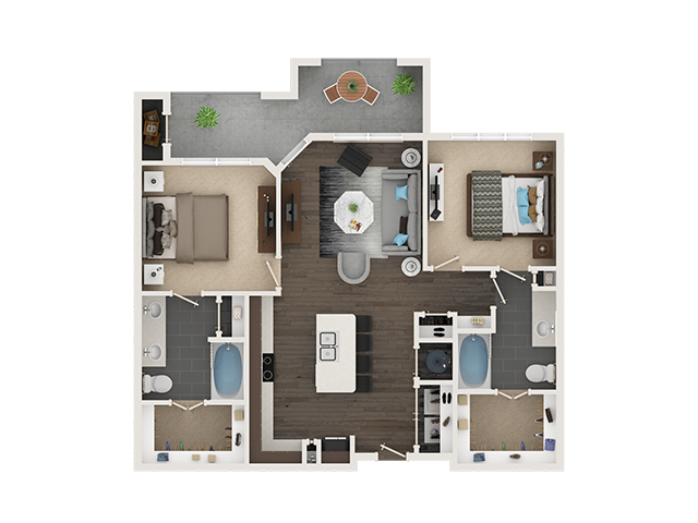 Floor plan for 2 beds, 2 baths, 1064 sqft